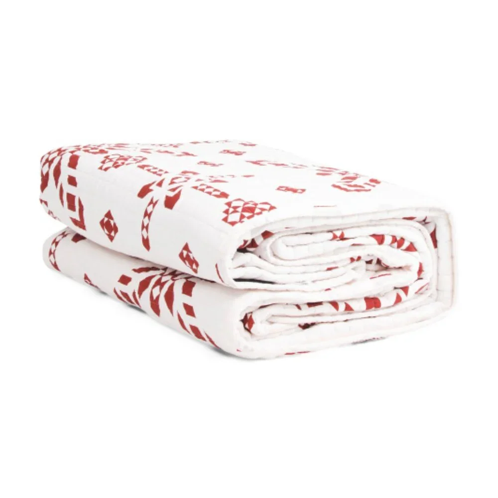 Brooks Brothers Red and White Geometric Pattern Reversible Quilt Set